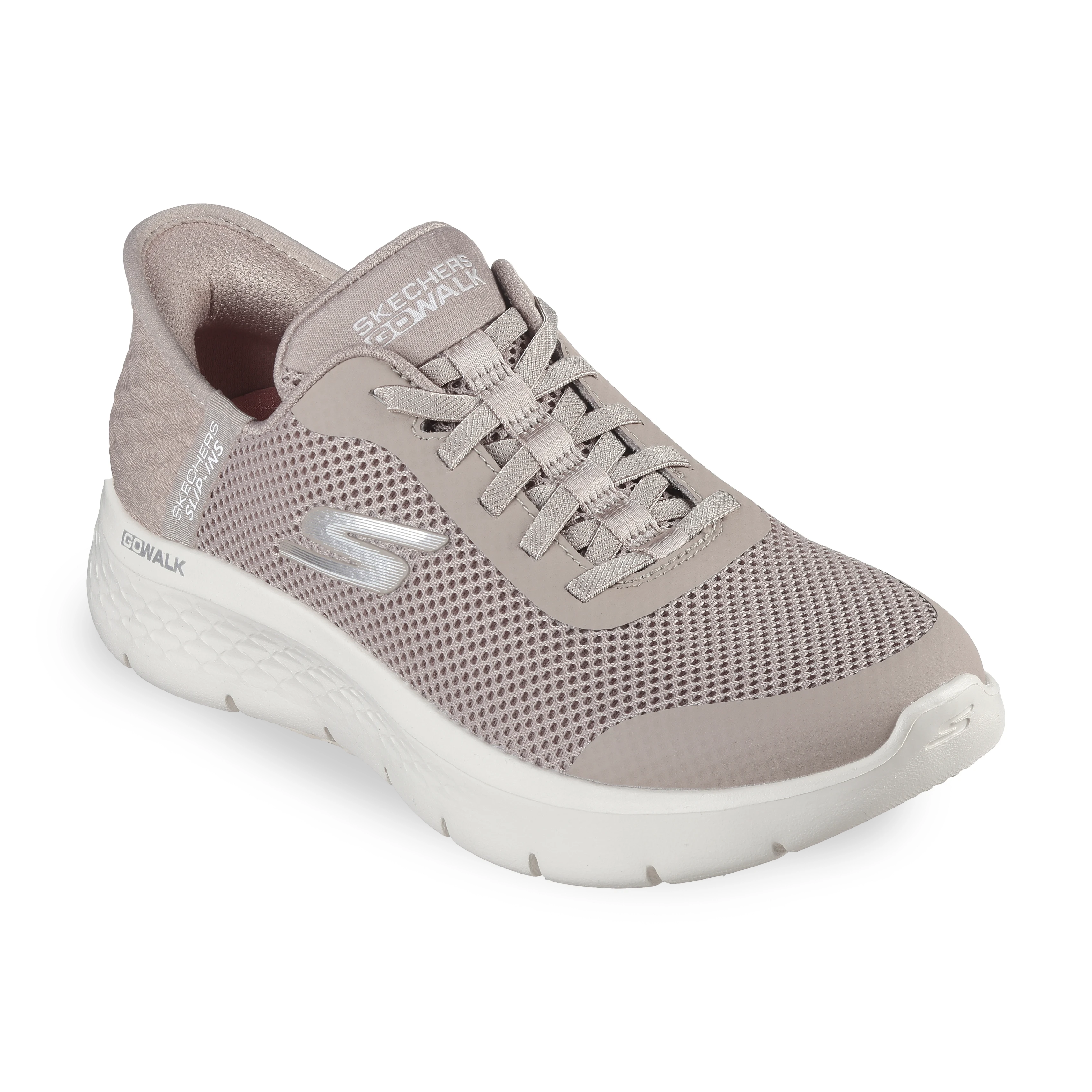 Tênis Skechers Go Walk Flex feminino bege vista frontal com detalhes do cabedal em mesh respirável.